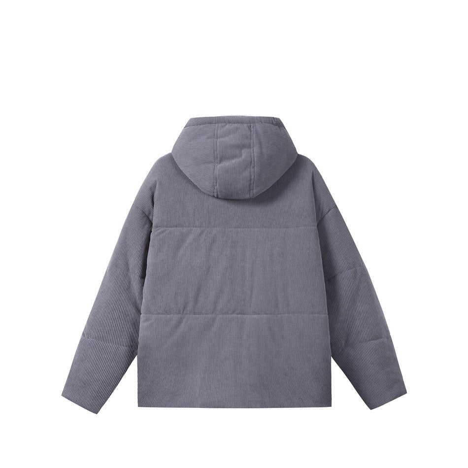 Back view of a gray hooded jacket laid flat, showing its paneled body and sleeves.