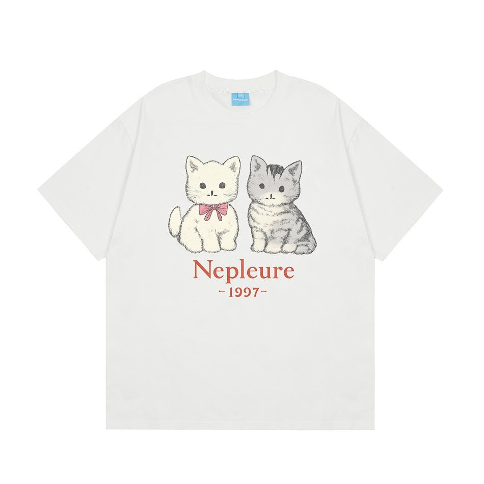 White short-sleeve crew-neck T-shirt with two kitten print and red Nepleure 1997 text, flat front view