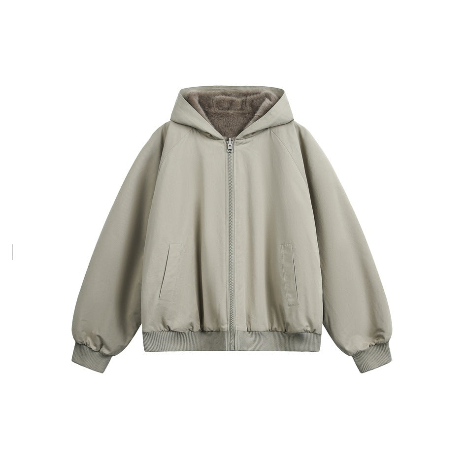 Beige hooded zip-up jacket with ribbed cuffs and hem, slanted pockets and a taupe pile lining in the hood, flat front view