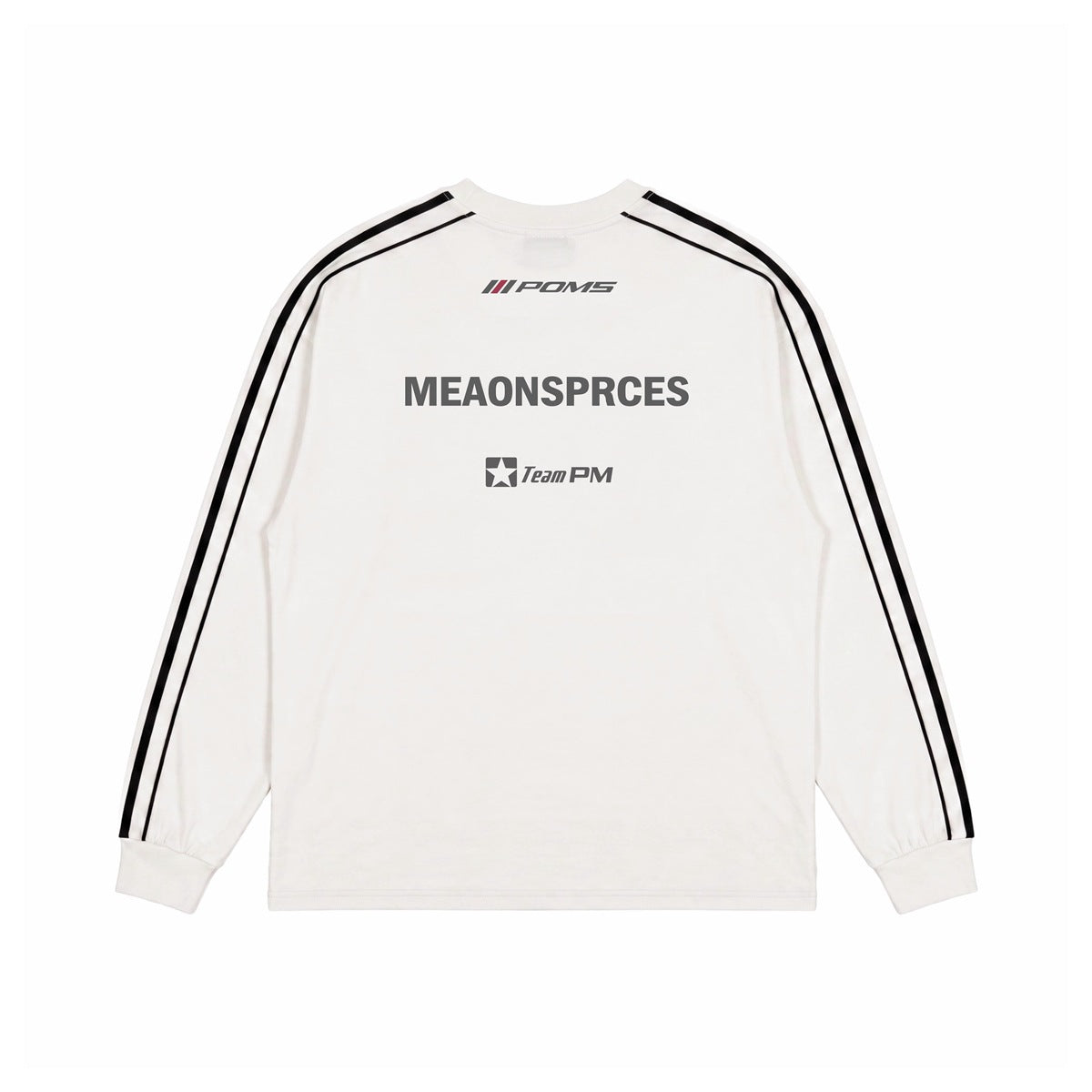 Back view of off-white long-sleeve tee with black sleeve stripes and gray POMS, MEAONSPRCES, Team PM prints