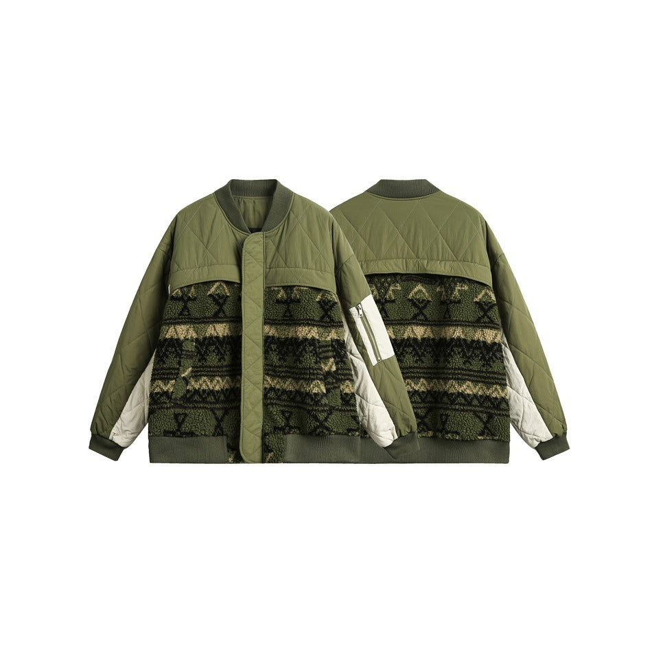 Isolated front and back views of an olive bomber jacket with quilted panels, cream sleeve accents, and a dark geometric