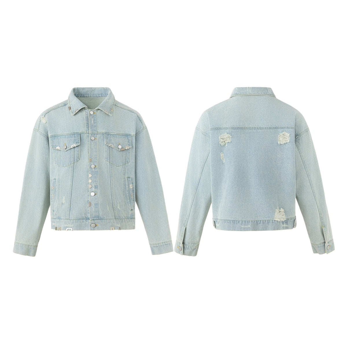 Light-wash denim jacket shown flat from the front and back, with flap chest pockets and distressed patches.