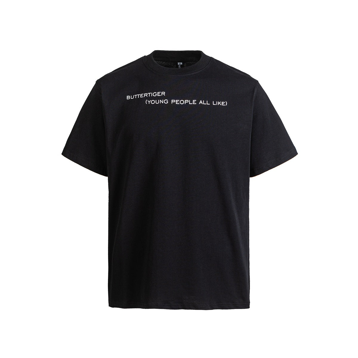 Black short-sleeve crew-neck T-shirt, front view, with small white text print across the upper chest