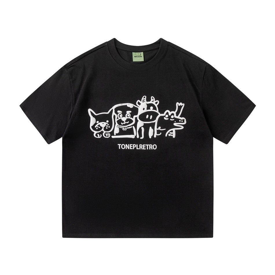 Black short-sleeve crew neck T-shirt with white cartoon dog, cow and crocodile print and TONEPLRETRO text