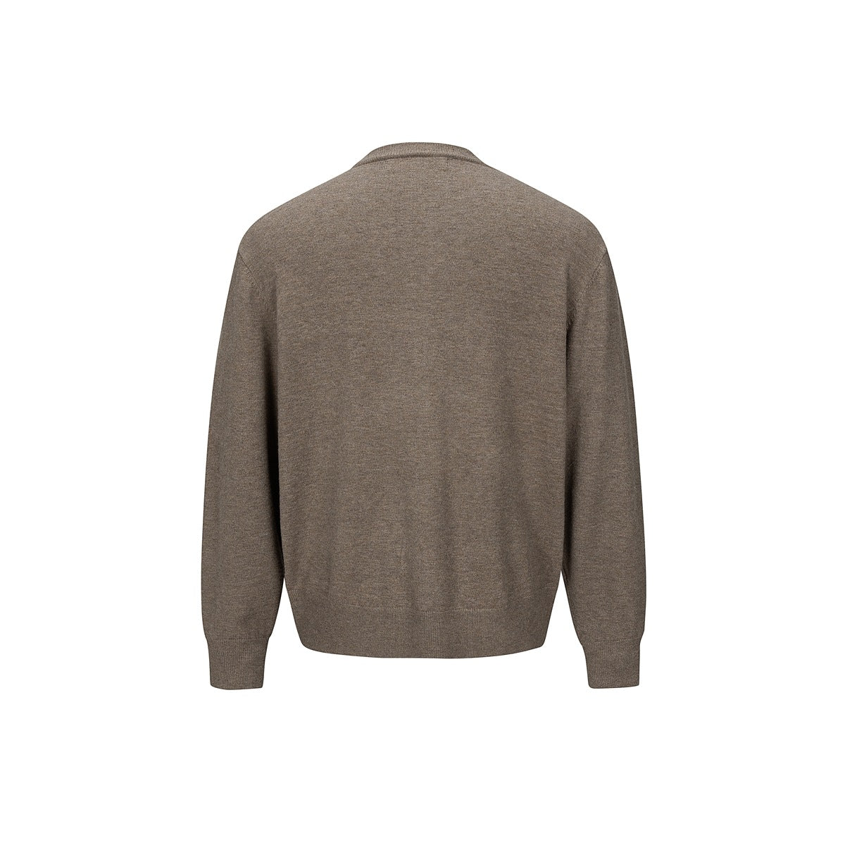 Back view of a plain taupe-brown cardigan with long sleeves and ribbed cuffs and hem.