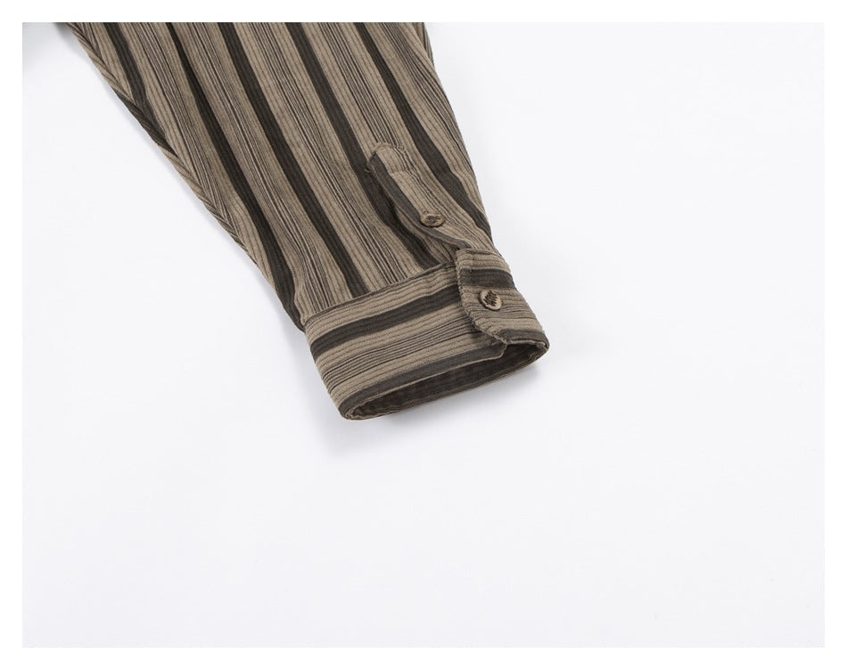 Close-up of the shirt's striped sleeve and buttoned cuff.