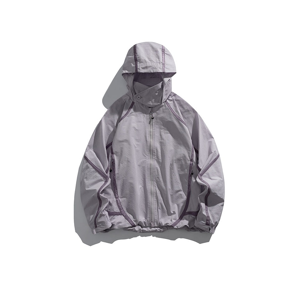 Lavender-gray hooded zip jacket with purple contrast piping, flat lay front view