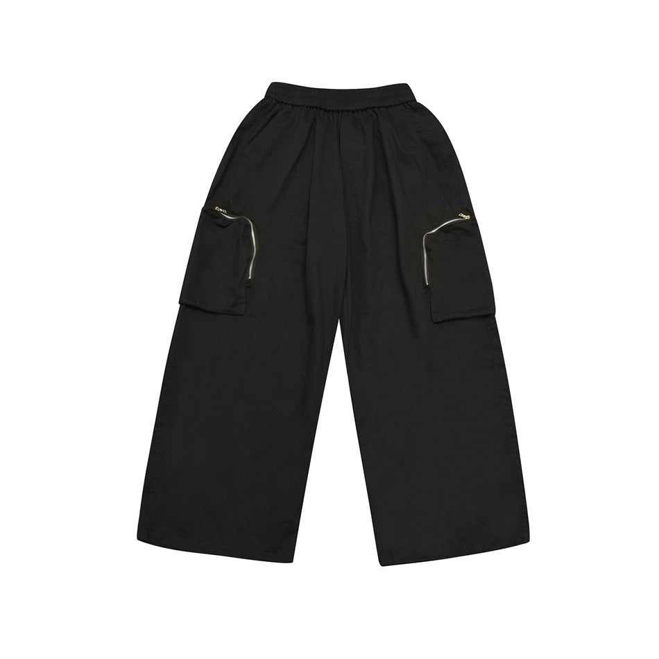 Black wide-leg cargo pants flat lay with elastic waist and zippered side cargo pockets