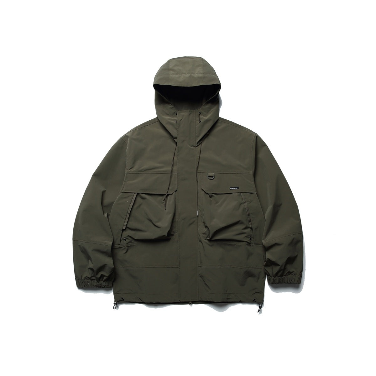 Olive green hooded zip jacket with large flap chest pockets, D-ring, drawcord hem and elastic cuffs, flat front view