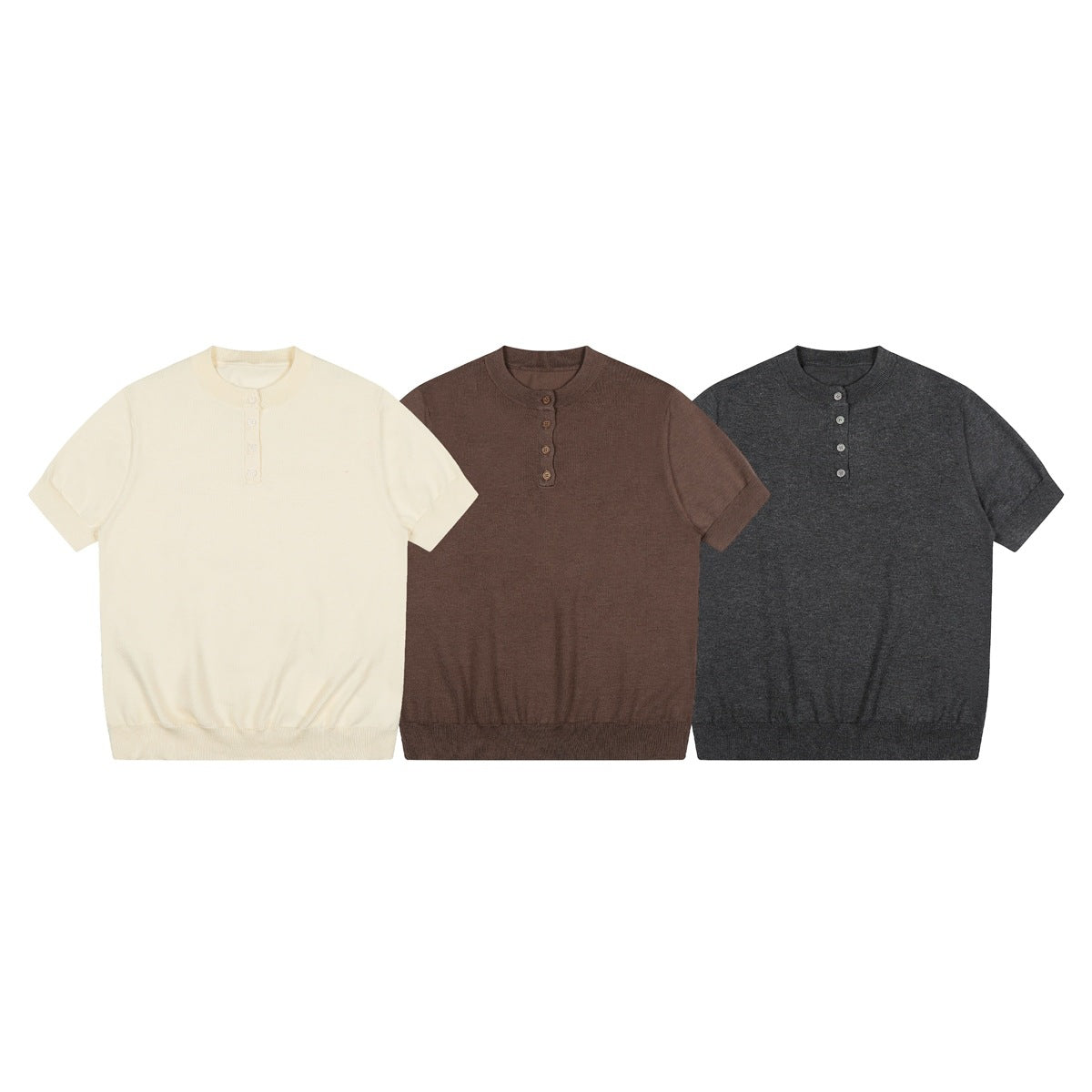 Three short-sleeve knit tops with button plackets, shown in cream, brown, and charcoal.