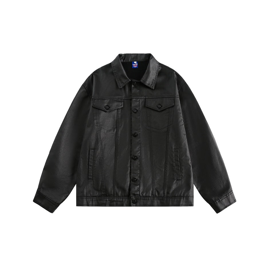 Black coated leather-look button-up jacket with collar and flap pockets, flat front view
