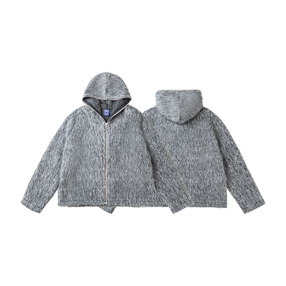 Heather-gray hooded zip jacket shown from the front and back on a white background.