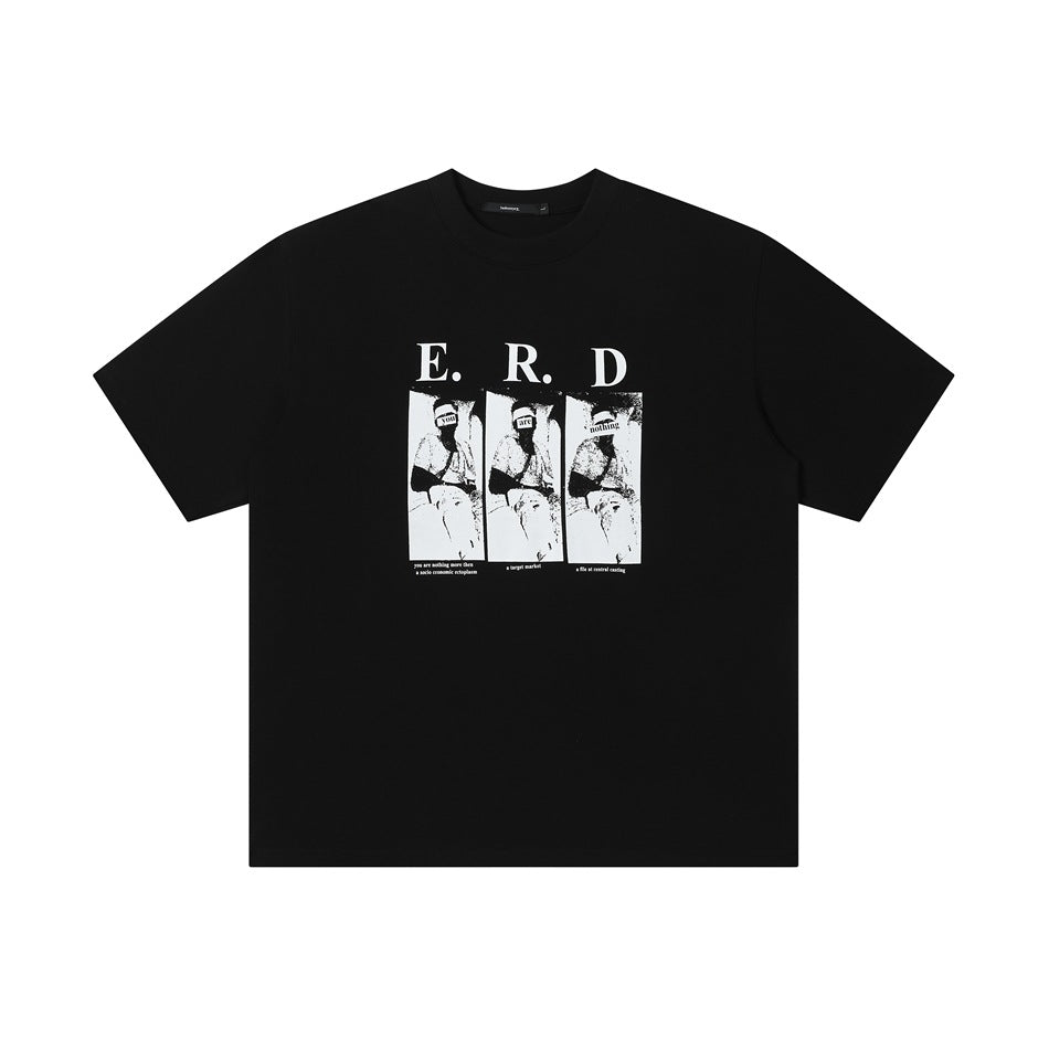 Black short-sleeve graphic T-shirt with white E. R. D print and three photo panels on the front, flat lay