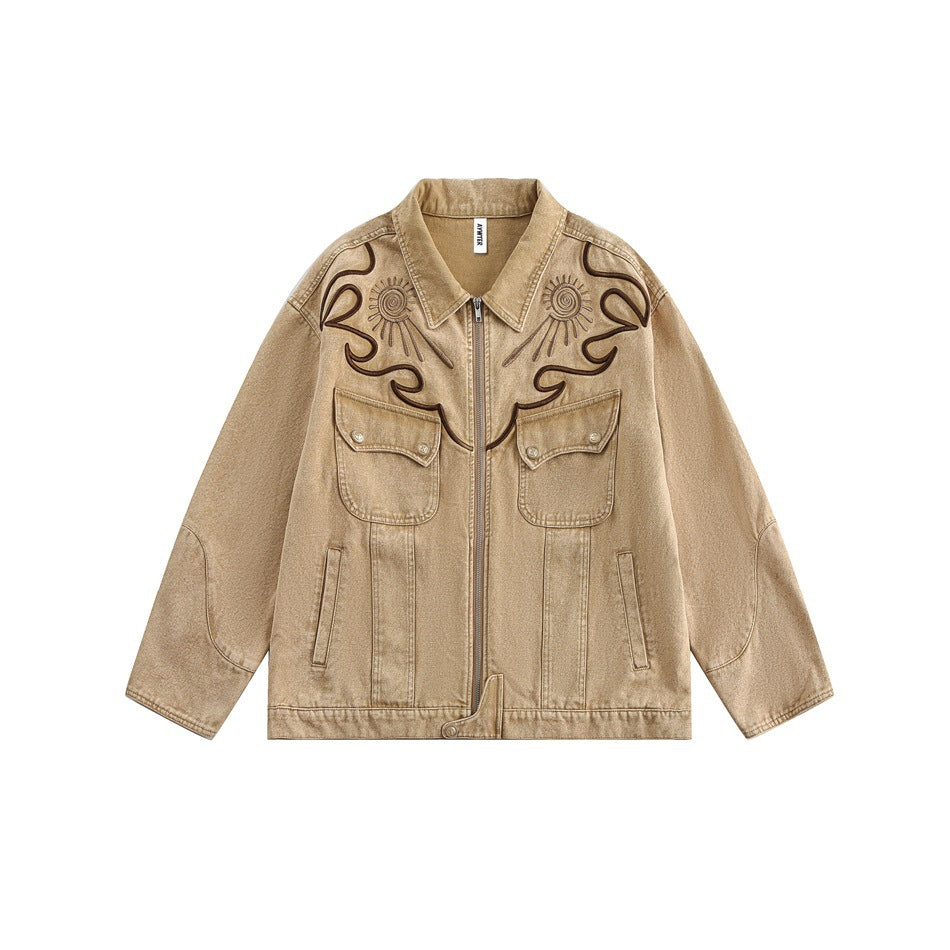 Sand-brown zip western jacket with dark brown embroidered flame and sun motifs, flap chest pockets, flat lay front view