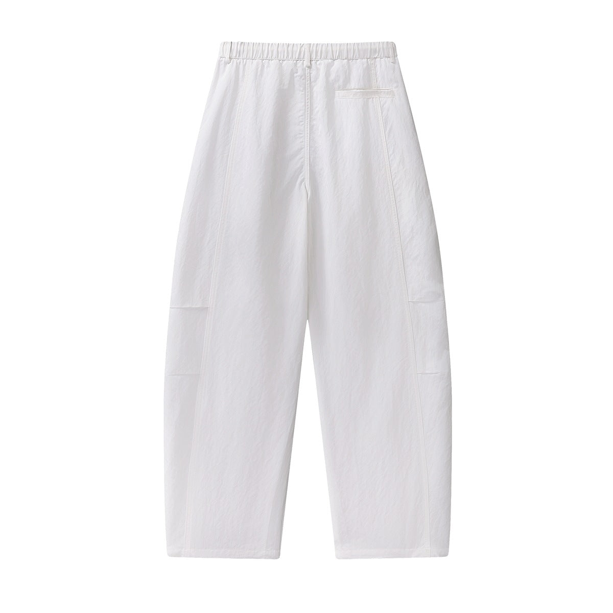 Full view of white wide-leg pants from the back, with an elastic waistband and a single welt pocket.