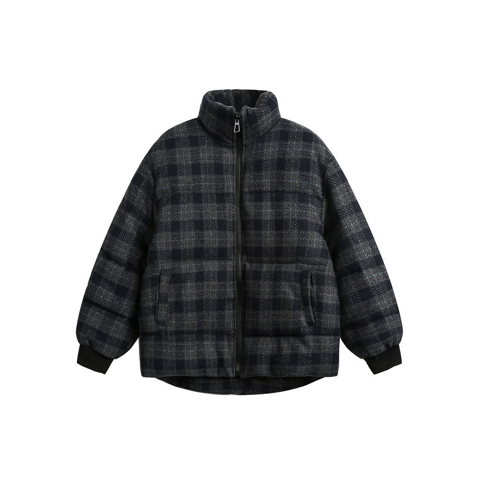 Charcoal gray and navy plaid puffer-style jacket with stand collar, front zip, pockets and black ribbed cuffs, flat front