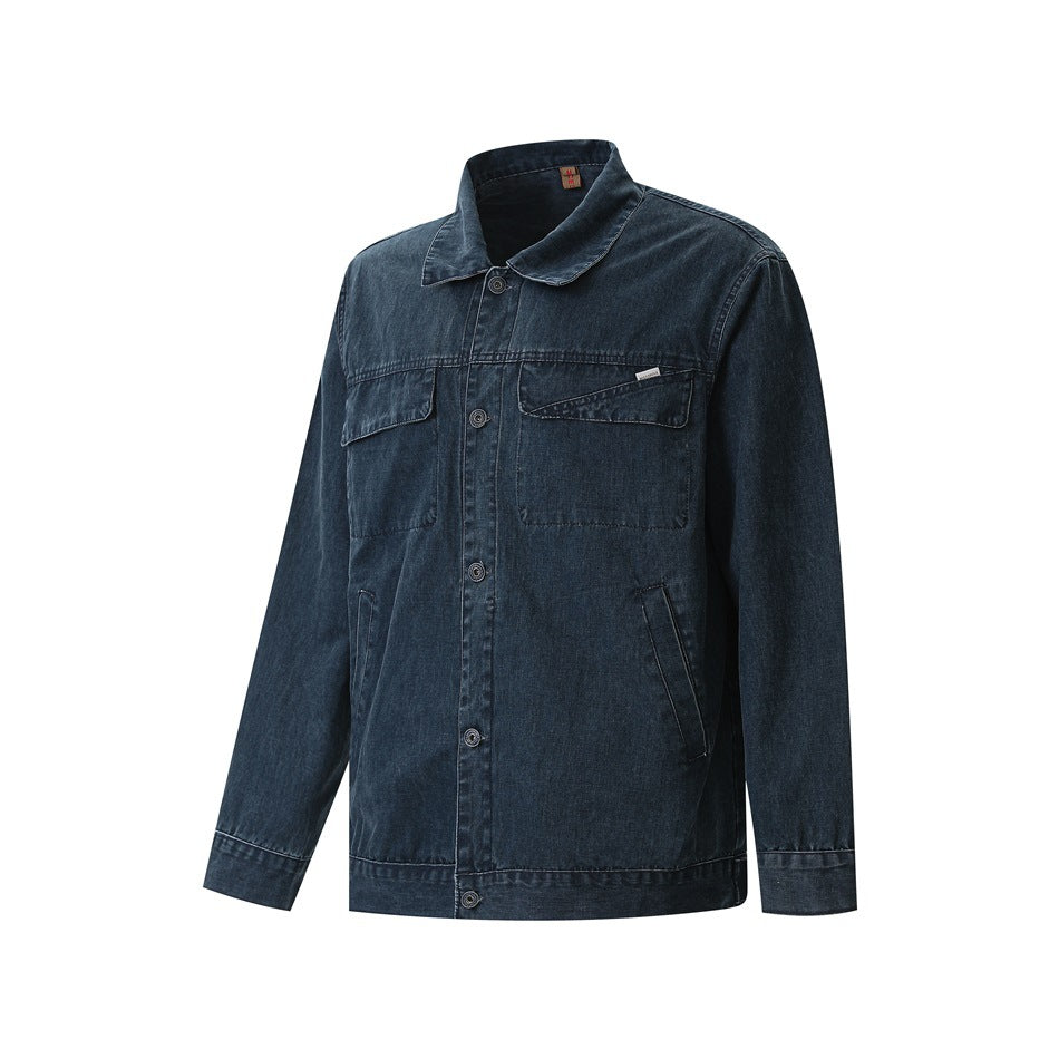 Dark blue denim jacket shown from the front, with a button placket, two flap chest pockets, and side pockets.
