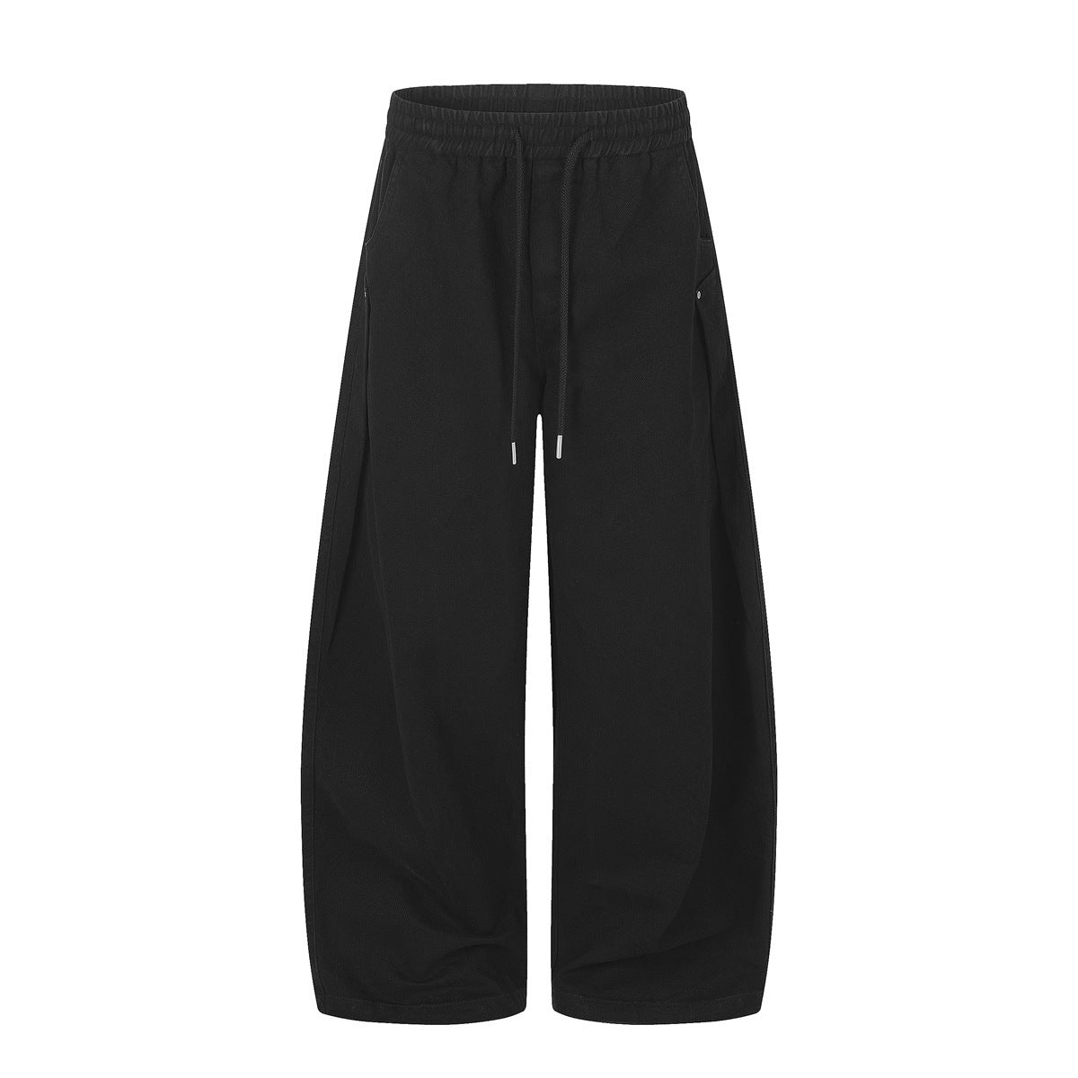 Black wide-leg drawstring pants with elastic waist and curved side panel, flat front view