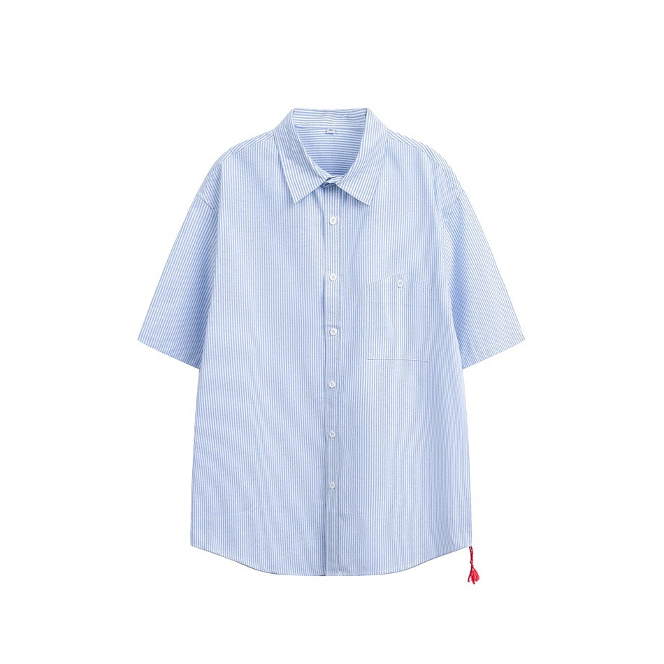 Light blue and white striped short-sleeve button-up shirt, front view with chest pocket and red tassel at hem
