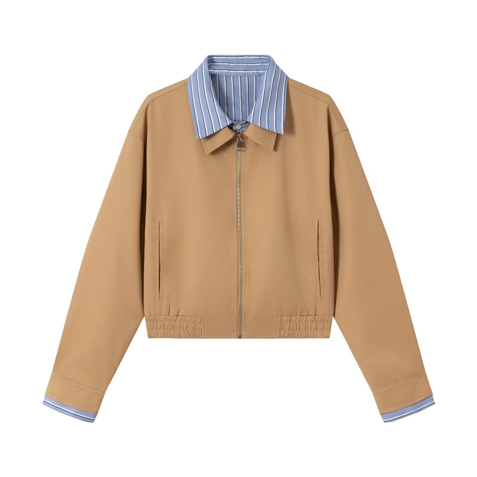 Khaki cropped zip jacket with blue and white striped inner collar and cuff trim, flat front view