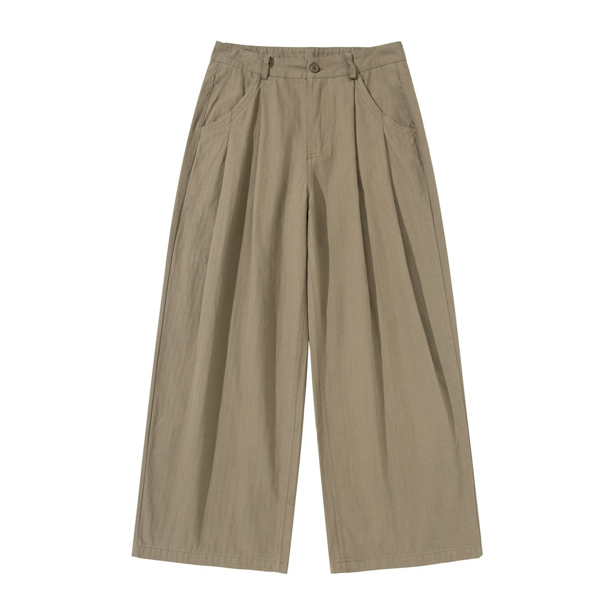 Khaki wide-leg pleated pants flat lay, front view, with button waist, belt loops and slanted front pockets