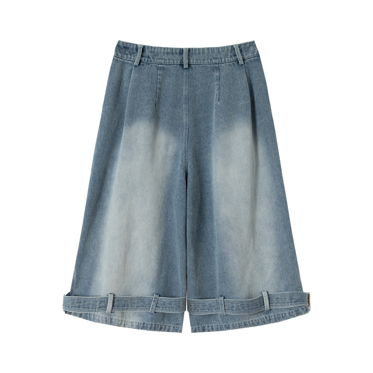 Back view of blue wide-leg denim trousers with faded panels, a plain waistband and adjustable hem straps.