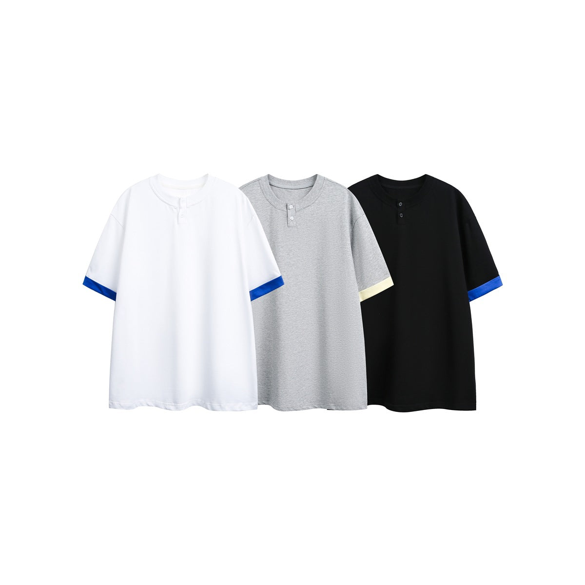 Three short-sleeve Henley shirts in white, light gray, and black, each with contrasting rolled cuffs.