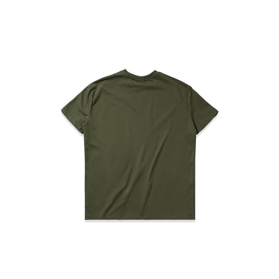Plain olive green short-sleeve crew-neck T-shirt shown from the back, laid flat on a white background.