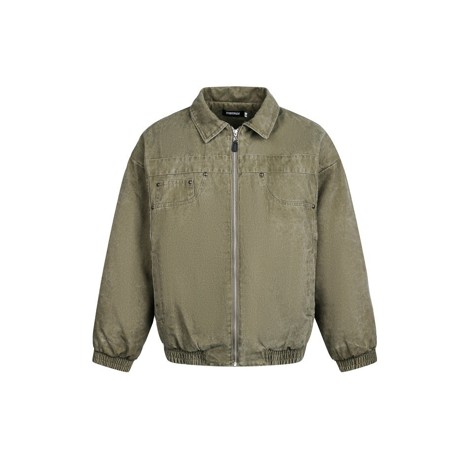Army green washed collared zip-front jacket with chest seam detail and ribbed cuffs and hem, flat front view