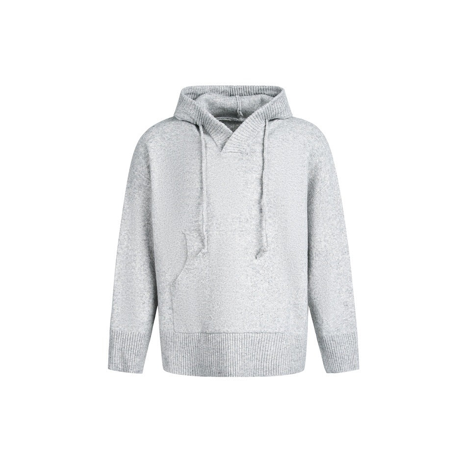 Light gray knit pullover hoodie with drawstrings, front pouch pocket and ribbed cuffs and hem, front view