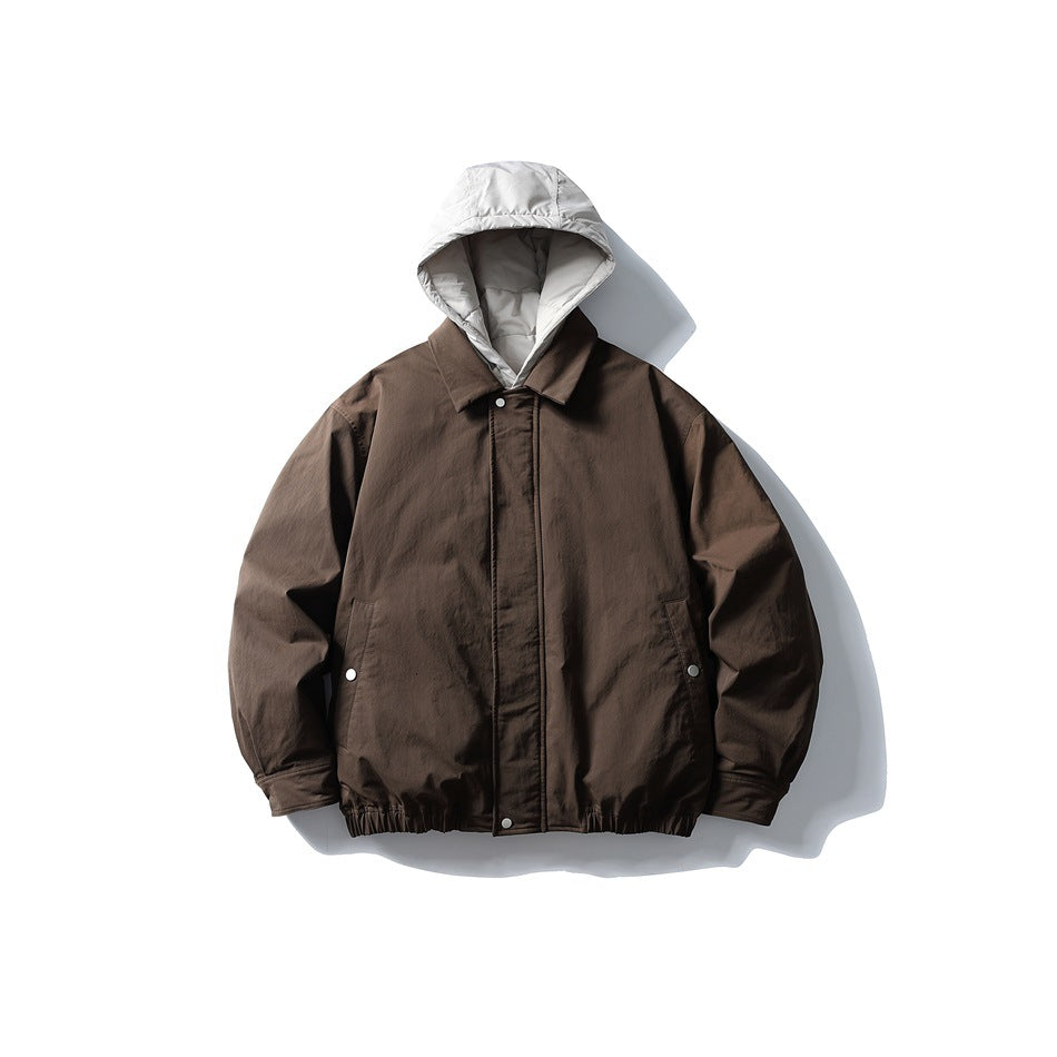 Brown men's jacket with light gray hood, collar, front snap placket and elastic hem, flat front view