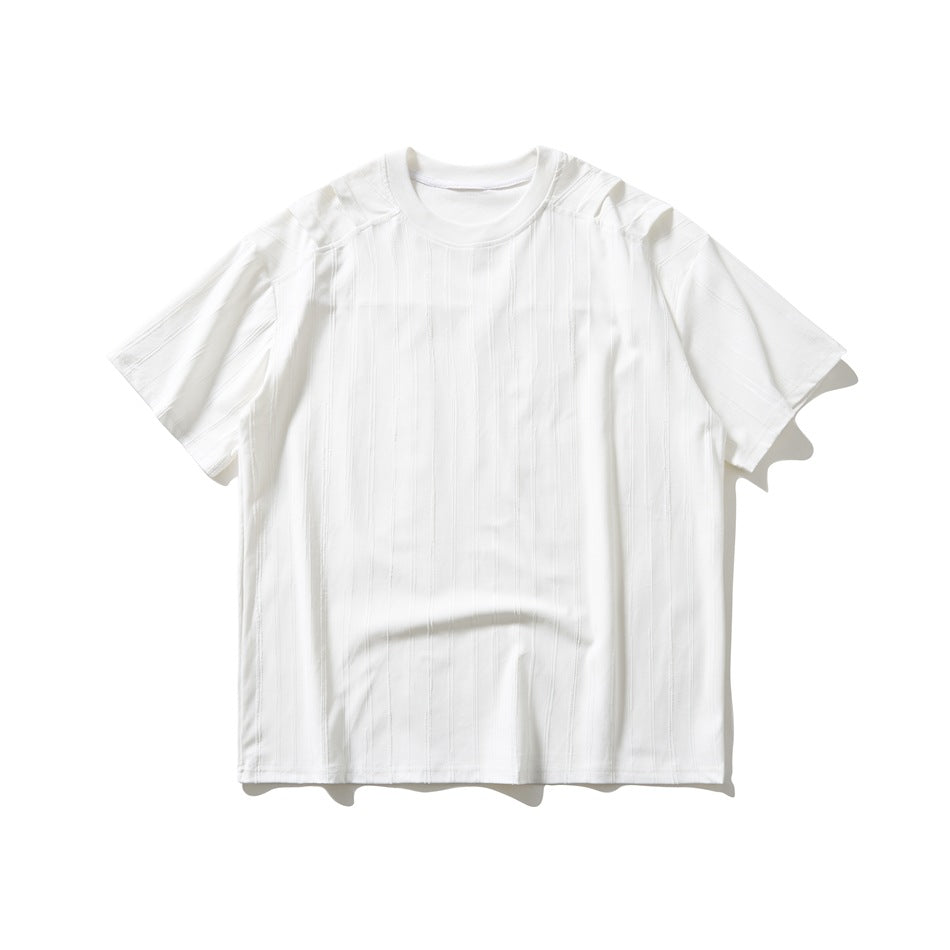 White short-sleeve crew-neck T-shirt, front flat lay, with textured vertical stripes and shoulder panel seams