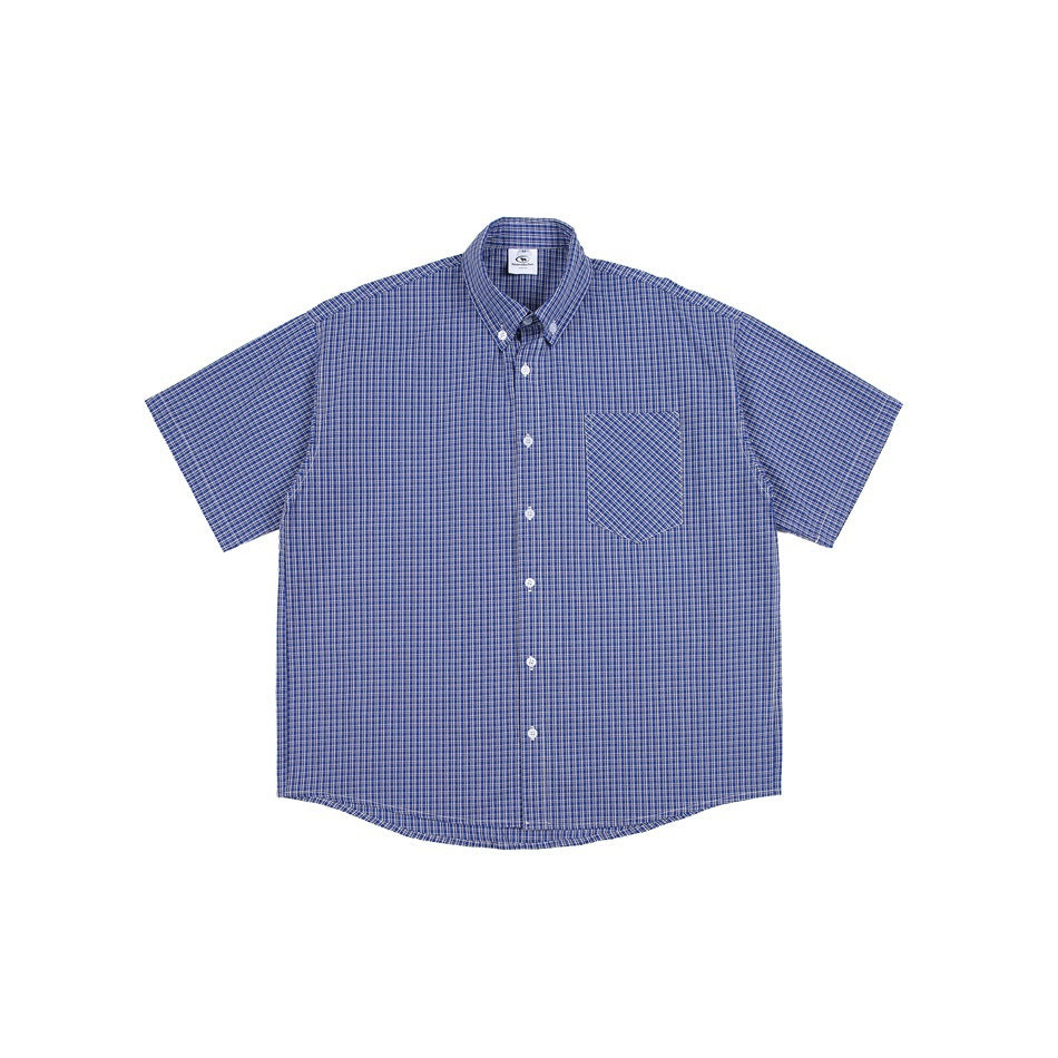 Blue and white small plaid short-sleeve button-down shirt, front flat lay with chest pocket