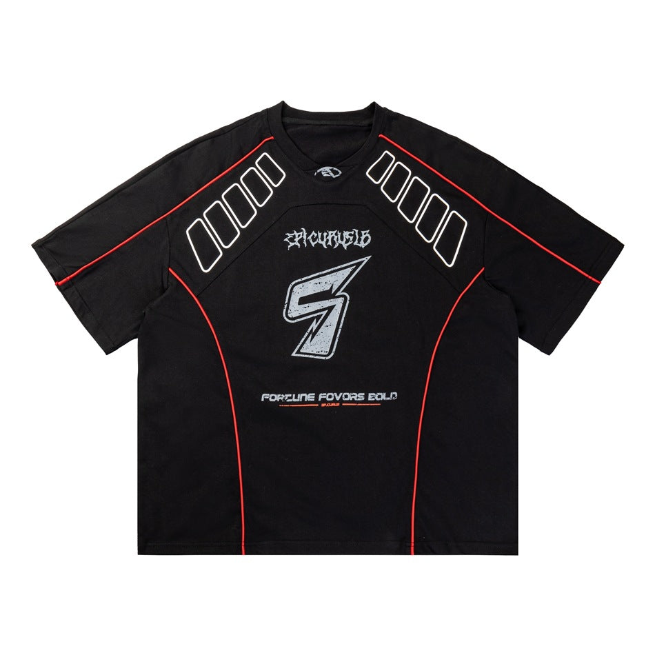 Front view of a black short-sleeve shirt with red piping and white and gray chest graphics.