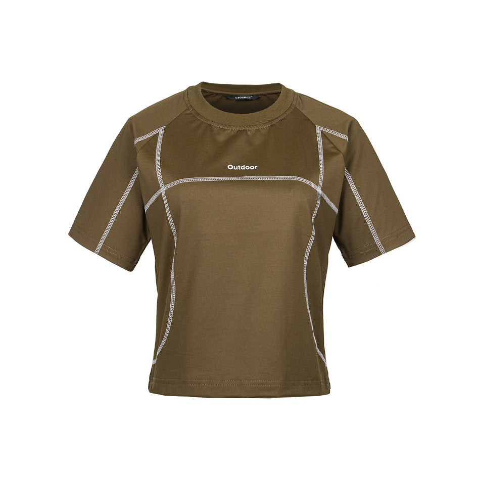 Army green short-sleeve crew neck cropped T-shirt with light contrast topstitching and small white Outdoor print, front view