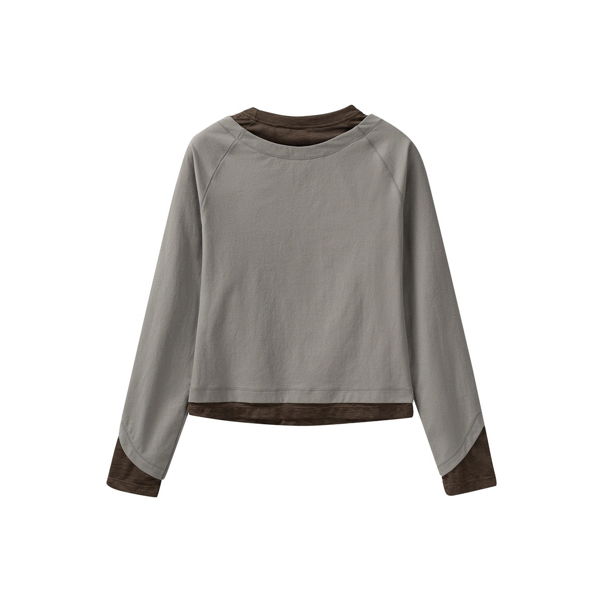 Gray long-sleeve top with dark brown contrast at the neckline, cuffs, and hem, shown flat from the front.