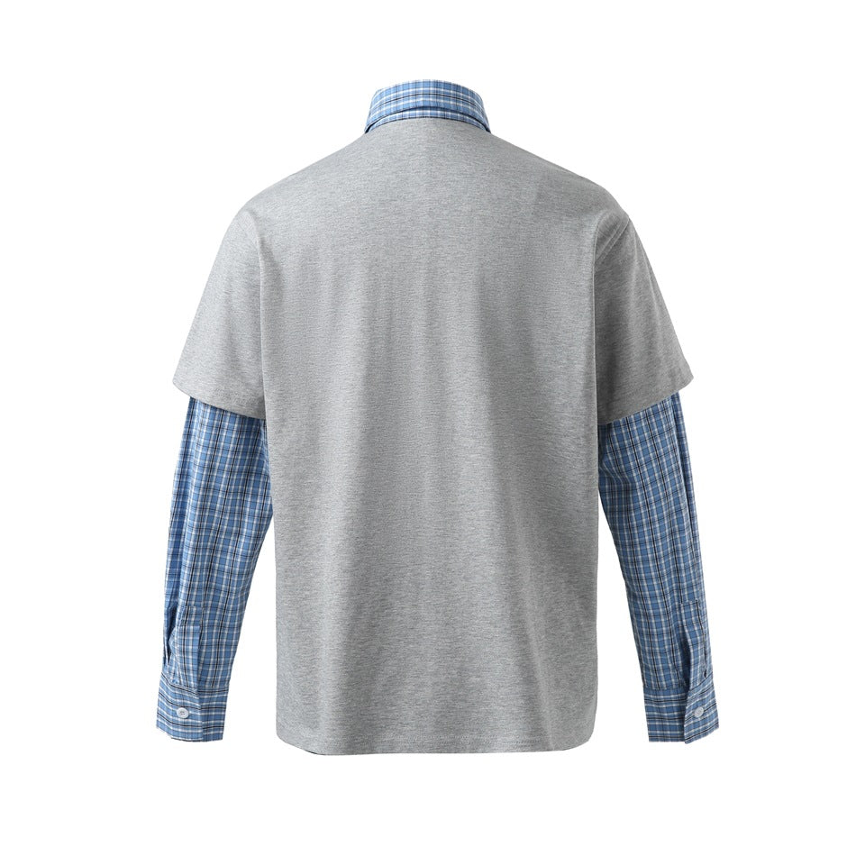 Gray layered-look polo shirt with blue plaid collar and plaid sleeves, back view