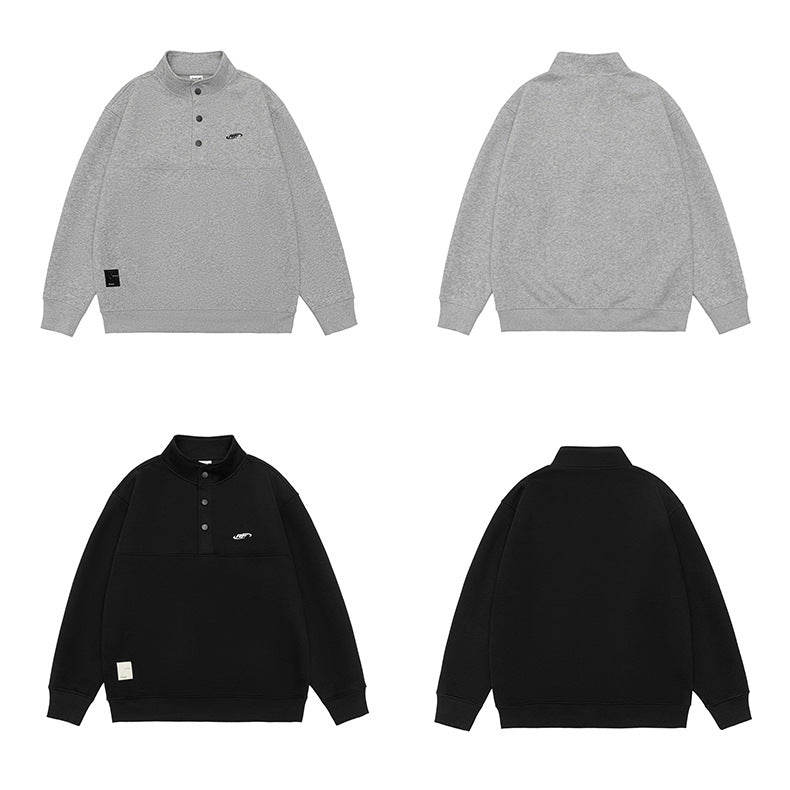 Flat-lay front and back views of the pullover in light gray and black.