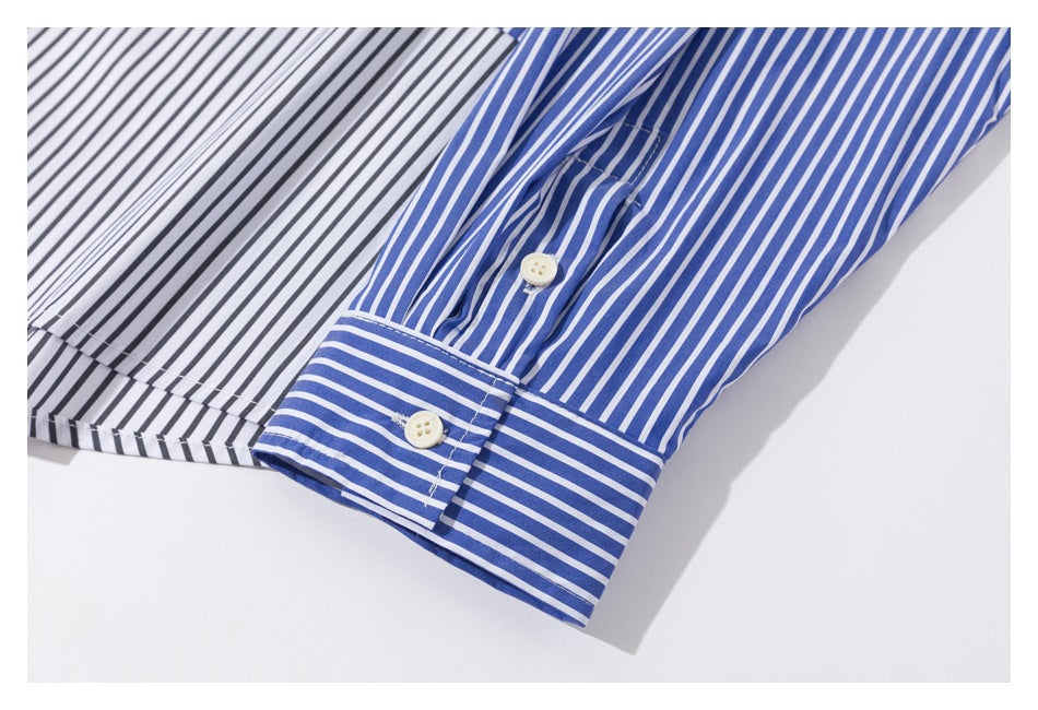 Close-up of blue-and-white striped shirt cuff and button beside a black-and-white striped sleeve.