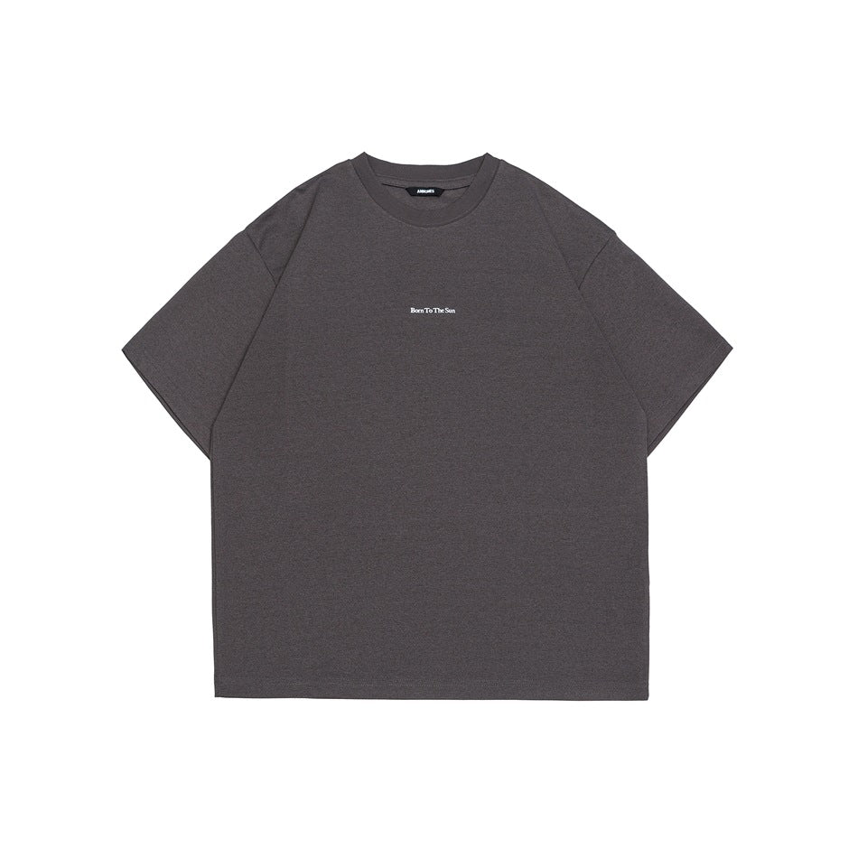 Charcoal gray short-sleeve crew-neck T-shirt, flat front view, small white text print at center chest