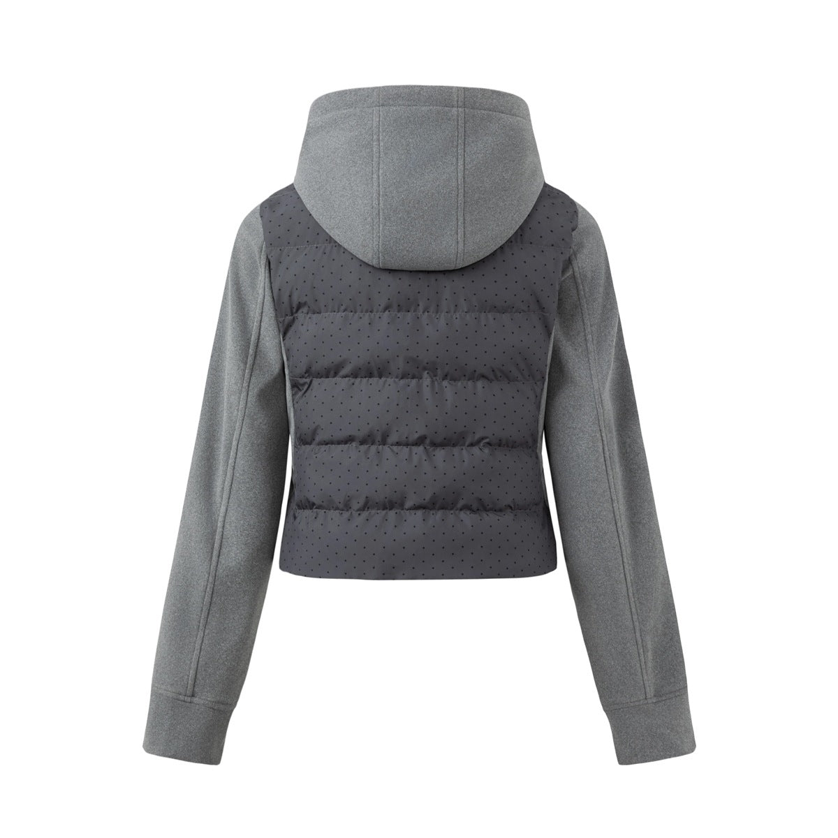 Back view of gray cropped hooded jacket with quilted polka dot panel, hood and heather gray sleeves