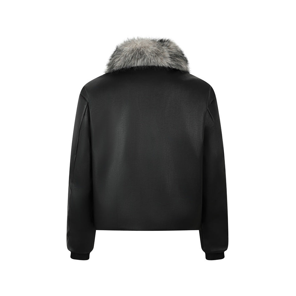 Back view of a black zip jacket with a gray faux-fur collar and rib-knit cuffs.