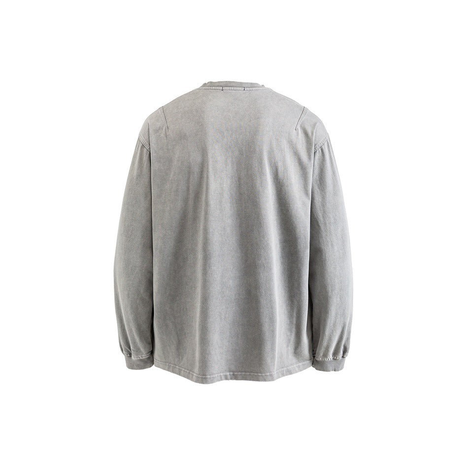 Back view of a plain gray long-sleeve crewneck shirt, laid flat against a white background.