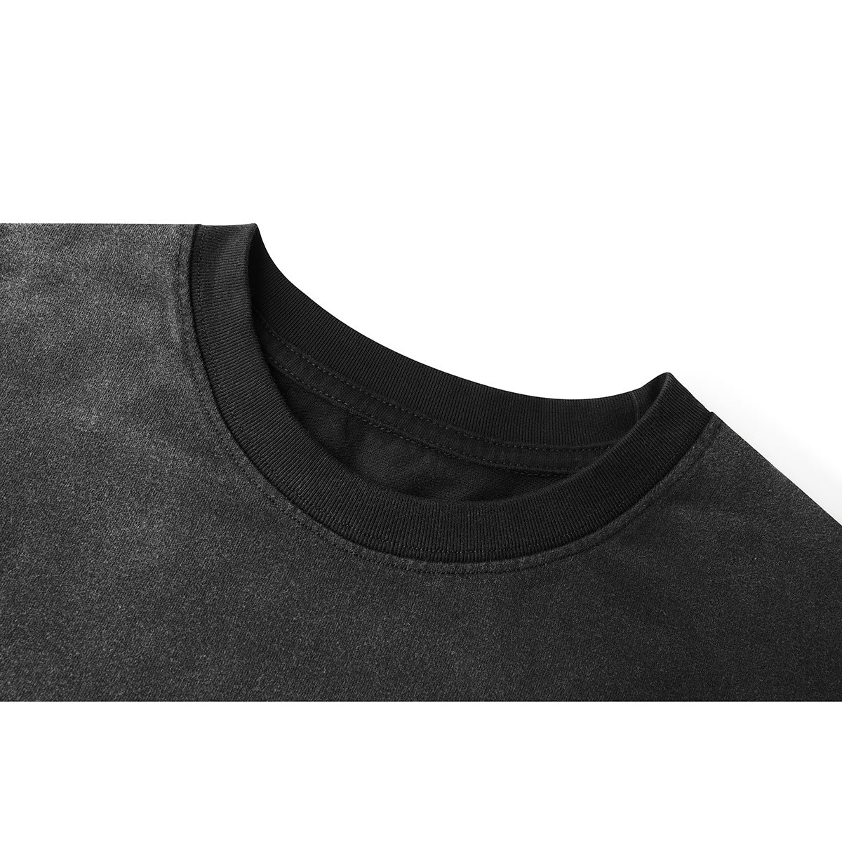 Close-up of a charcoal-black T-shirt showing its black ribbed crew neckline and shoulder fabric.