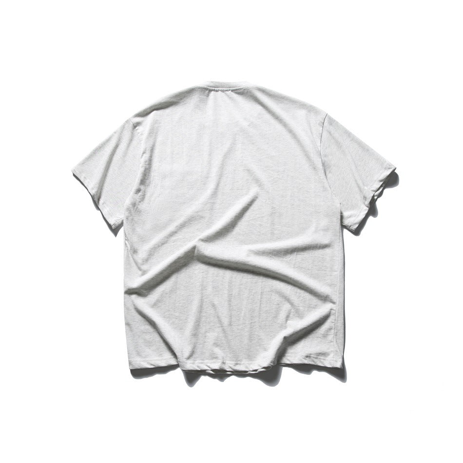 Back view of a plain gray short-sleeve crew-neck T-shirt, flat lay