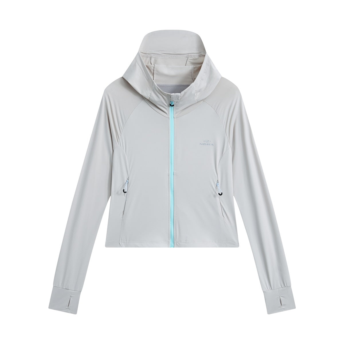 Light gray cropped full-zip hooded jacket with aqua zipper, thumbholes and waist pockets, front view
