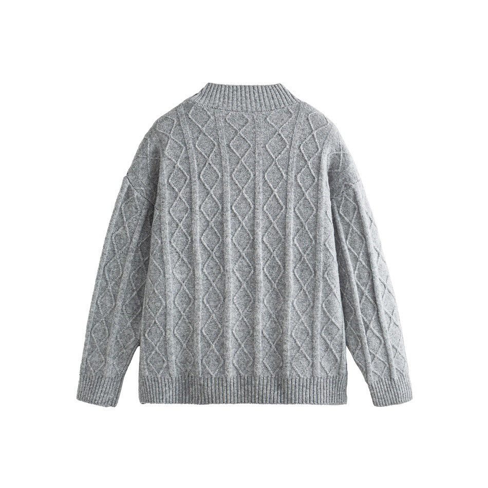 Back of a gray knit cardigan with raised diamond patterns and ribbed collar, cuffs, and hem, shown flat.