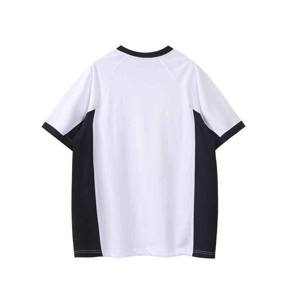 Back view of a short-sleeve white shirt with dark side panels, collar trim, and sleeve cuffs.