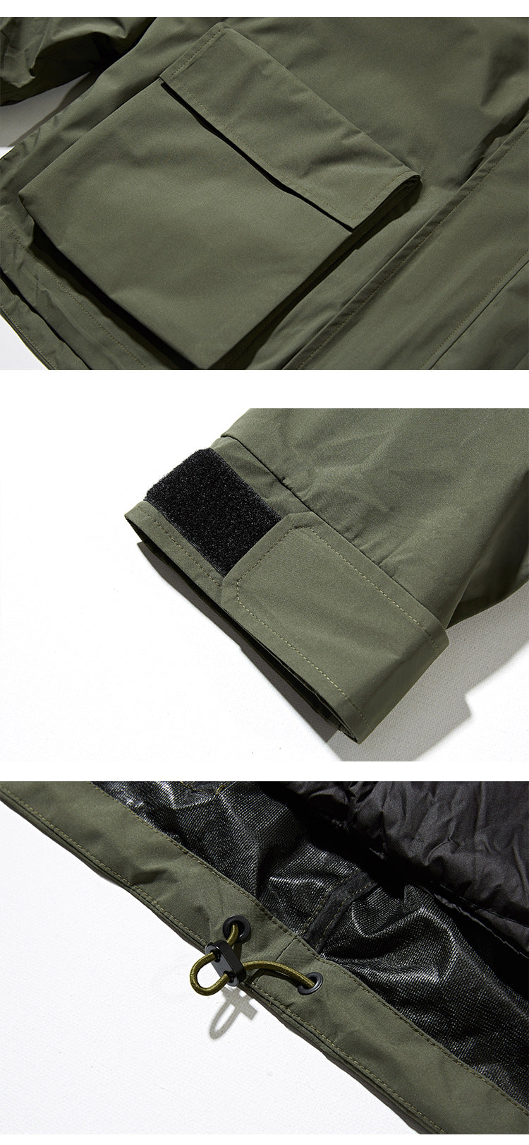Three close-ups of an olive jacket showing a flap pocket, hook-and-loop sleeve cuff, and adjustable hem cord.