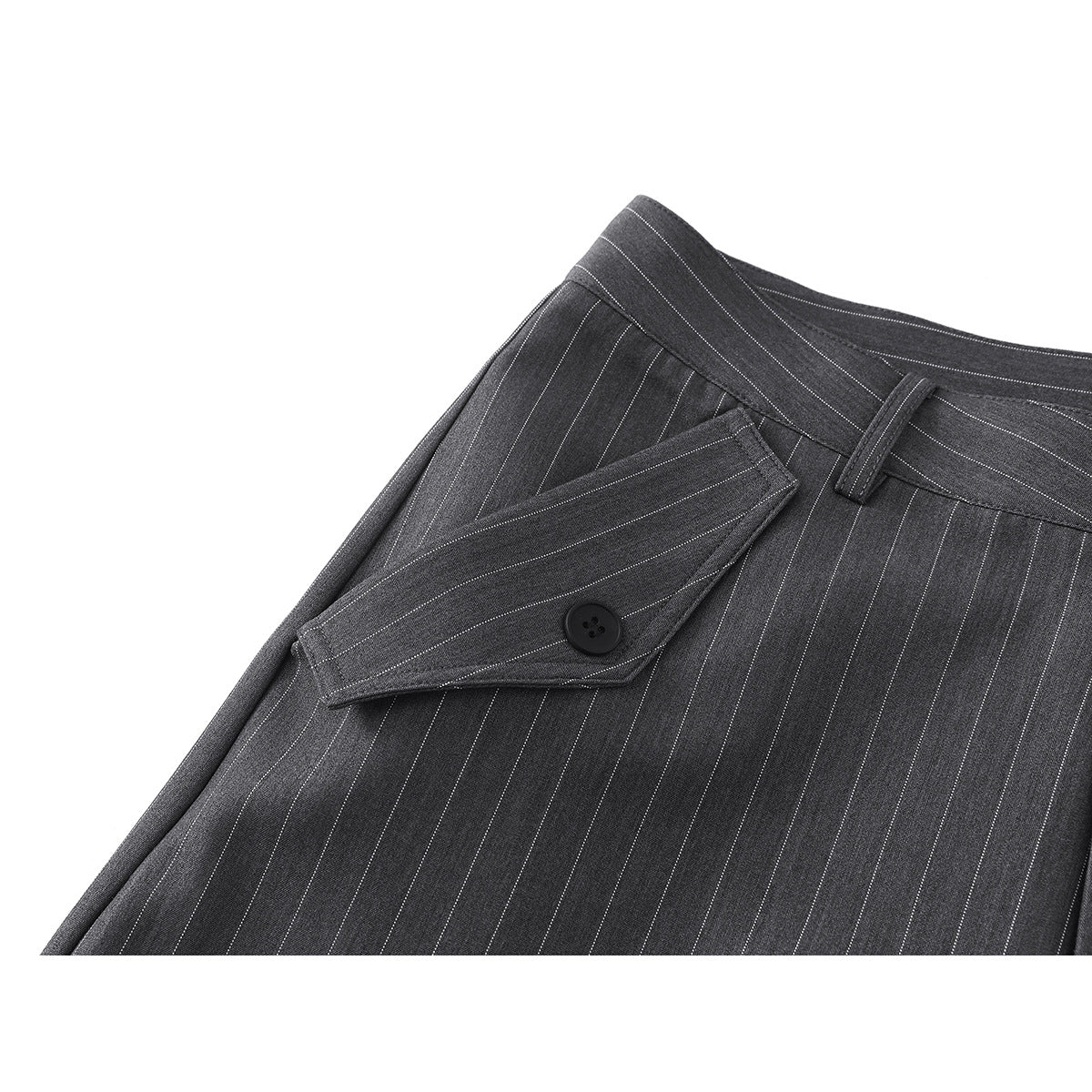 Angled close-up of charcoal pinstripe trousers with a buttoned pocket flap and waistband.